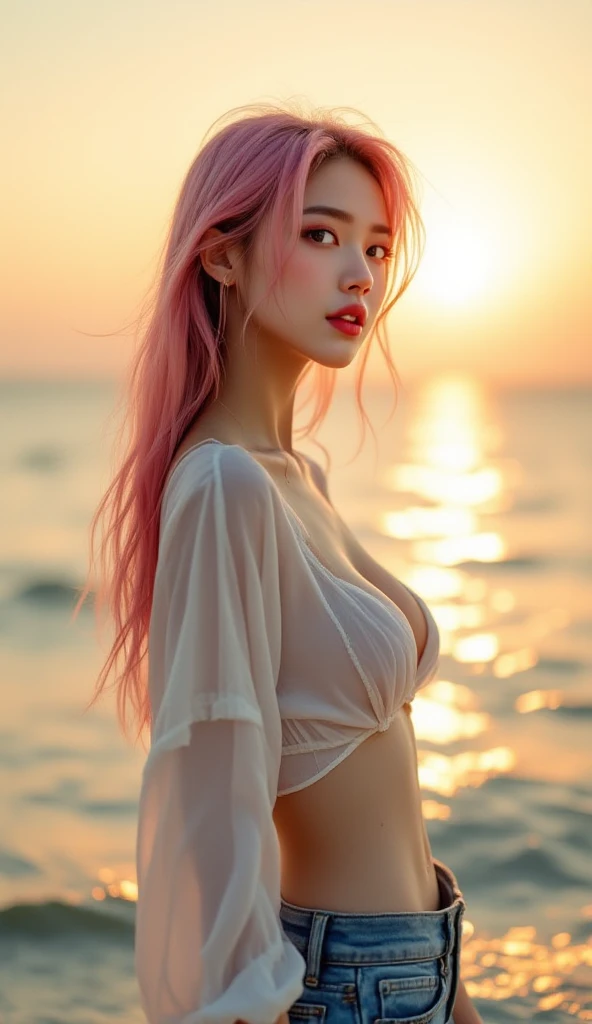 1 girl, hips up, full body, sitting on beach, white sweater, white skirt, pink hair, elegant pose, cinematic lighting, volumetric sunny, dramatic sunset, detailed facial features, intricate fabric textures, atmospheric depth of field, photorealistic , 8K, (best quality, 4k, 8k, high resolution, masterpiece: 1.2), ultra detailed, (realistic, photorealistic, photorealistic: 1.37), HDR, UHD, studio lighting, ultra-fine painting, sharp focus, physically based rendering , Extremely detailed, professional description, vivid colors, bokeh.