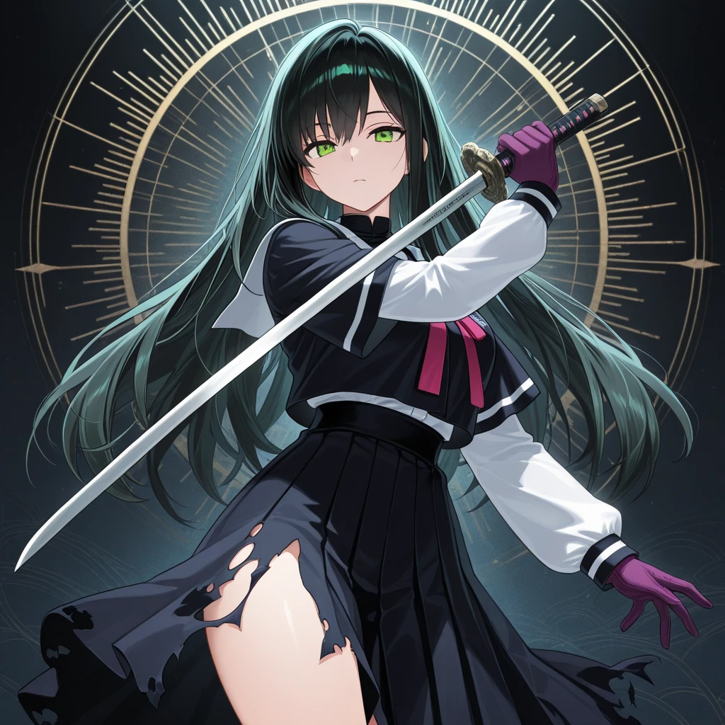 (masterpiece, Best quality, ultra detailed, best shadow), (detailed background,dark fantasy), (beautiful detailed face), high contrast, (very gentle and beautiful), ((cinematic light)), colorful, hyperdetailing, (1 girl, black hair, Sharp face, Red eyes, hair between eyes, Dynamic angle), (swirling black light around the character:1.5), depth of field, Black light particles, vampire, character stands on the water, without tights, black dress, black panties, hands on waist