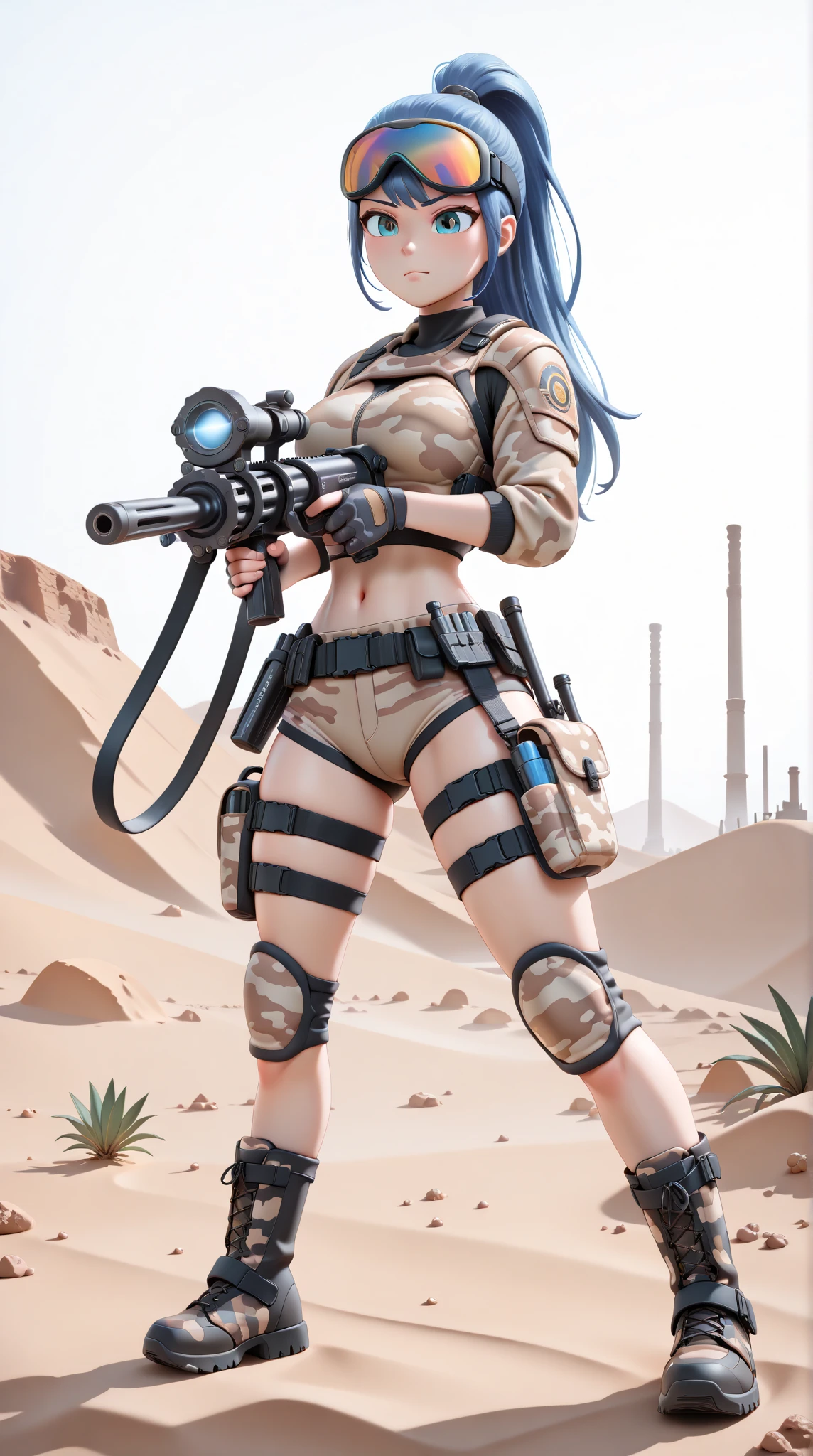 Masterpiece, Best quality, Amazing Quality, super detailed, Newest, Very Aesthetic, 1 girl, Strike a pose,holding a remote-controlled weapon,   Gatlin machine gun    ,Diffuse light, high resolution, Bud,   Desert Camouflage，blue hair,Single ponytail, long hair, tall ponytail,  wearing goggles,  cropped top, One-handed armor, Tool Belt, chapter, Tactical Boots, 