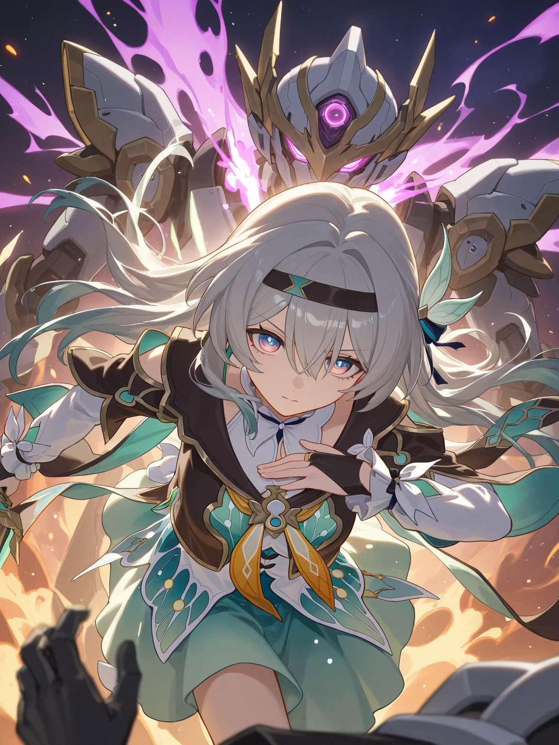 An anime girl，Genshin Impact，Firefly，Silver hair，Green clothes，Cool，thigh，Holding a sword，chest