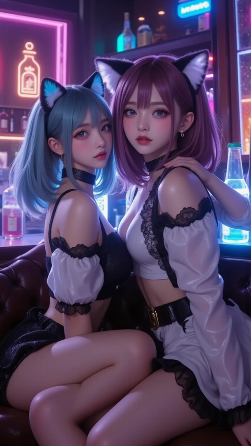 Anime - style illustration of two women kissing in a café, Extremely detailed Artgerm, WLOP and Sakimichan, Range Murata and Artgerm, nixeu and sakimichan, sakimichan and frank franzzeta, Guviz-style artwork, kissing together cutely, 8K high quality detailed art,huge tit,Blush