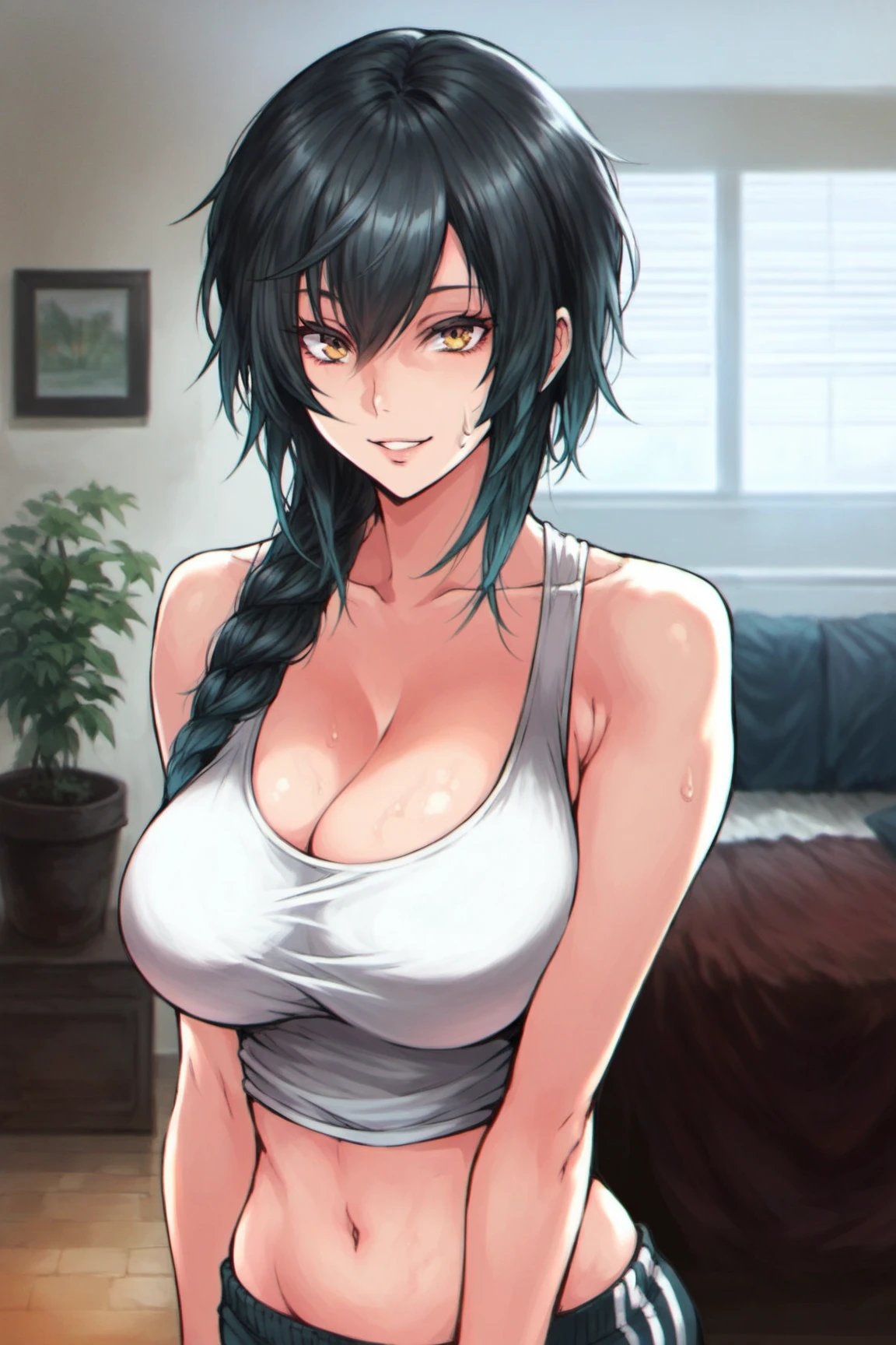 Highly detailed, High Quality, Masterpiece, beautiful, WrittenOnClothes, 1girl, solo, Raiden_Shogun_\(genshin impact\), Raiden_Shogun:1.2, blue hair, long hair, white tank top, tank top, skin tight,, mature female, tall female, adult, gorgeous body