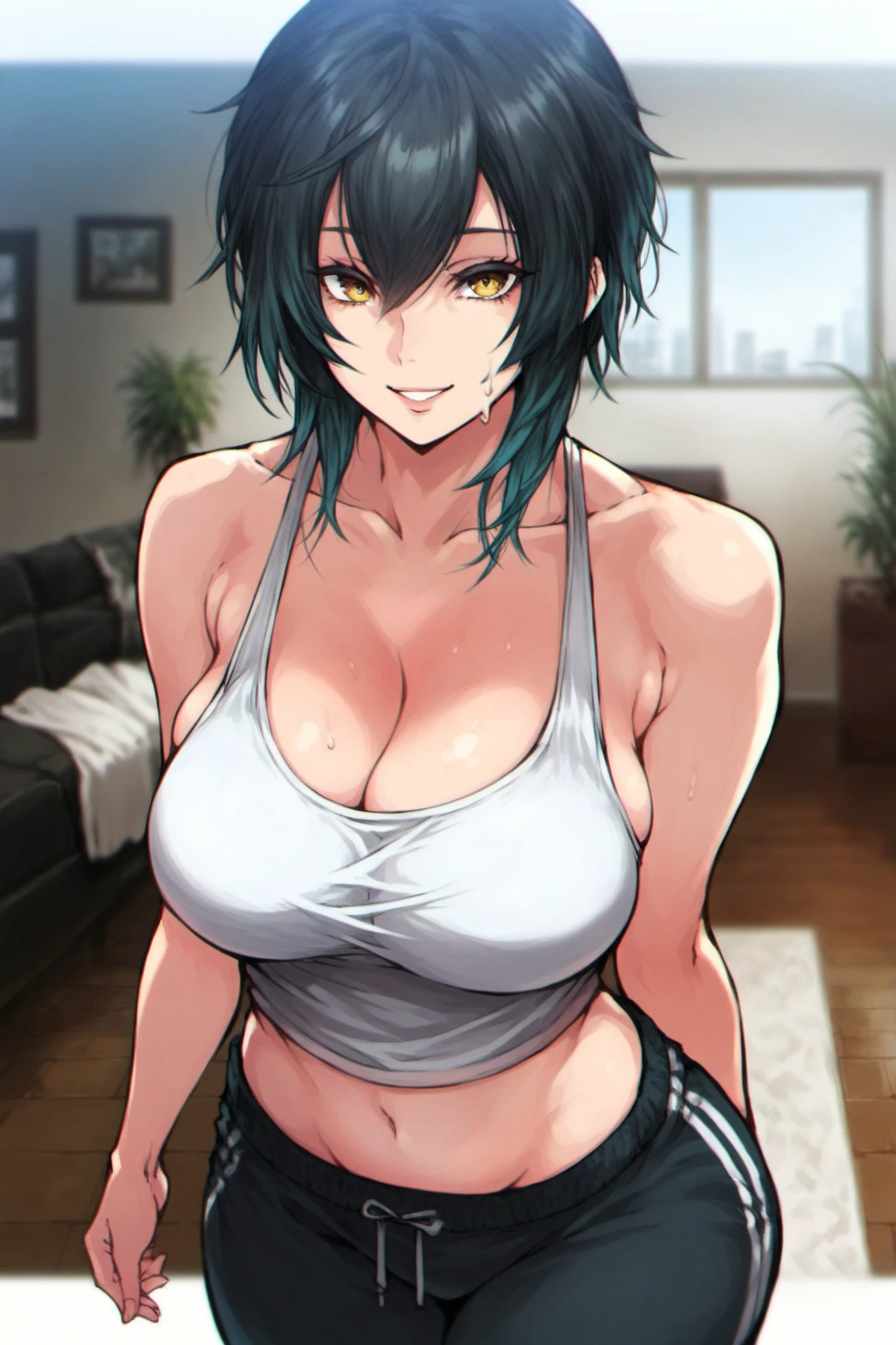 Adult, Female, Mature, blond hair, messy hair, black streak highlights in hair, beauty spot on lower lip, emerald eyes, hourglass figure, disheveled aesthetic, baggy clothing, thick thighs, plump breasts, annoyed, disgruntled, depressed, tired, shadow under eyes, angry hallway, messy apartment, unclean apartment, dim lighting, limited light, night, Masterpiece, Accurate, Anatomically Correct, Best Quality, High Details, Detail, Super Detailed, Best detail, Perfect detail, Amazing detail, [-3, 3], Close-Up, Looking at viewer, up close, headshot