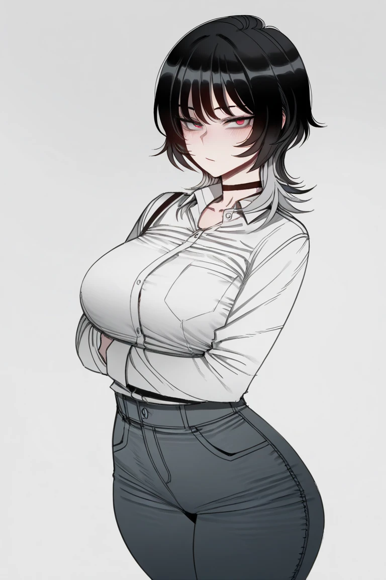 empty eyes blush muscular girl massive breasts black hair yellow eyes pale skin tight shirt