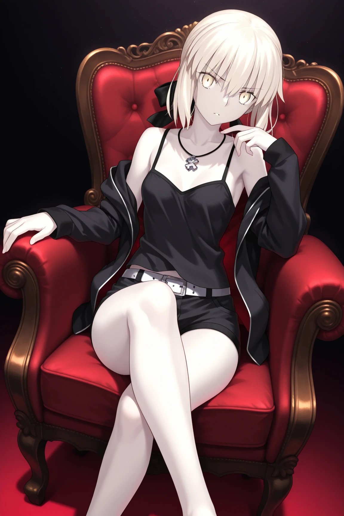 Maka Albarn possessed by Al Capone, glowing red eyes, flat breast, dark horror atmosphere, seductive evil smirk, seductively, happy, in a dark room, sitting ion a mafia boss chair, twin pigtails hairstyle, wearing menacing sexy mafia girl clothing