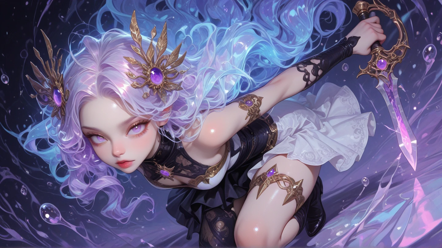 Boy paper,Shota,Long white hair,Purple pupils,angelicales,Devil falls,Long skirt that is badly damaged,tentaculata,The tentacles reach into the boy's lower body,The tentacles parted the boy's legs,Split legs,The tentacles entered the boy's body from below,Exudes a large amount of white liquid,