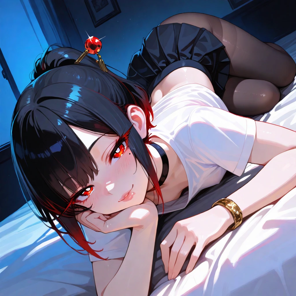 ((masterpiece,best quality))、only one woman, a  young woman, black hair, red eyes, medium breasts, lazy, tired, sleepy, in bed, beautiful atmosphere, she wears a short, black coat along with a crop-top which covers the upper part of her body, exposing her navel. She also wears black unbuttoned shorts with a decorative piece of black and red fabric that hangs off the back, along with a white belt, On her head she wears a black bow which she uses to tie her hair into a loose ponytail. She also wears a pair of black, white, and red boots, short fishnets up the calf on the left, delicate hands,anime,illustration,Two dimensions,beautiful girl