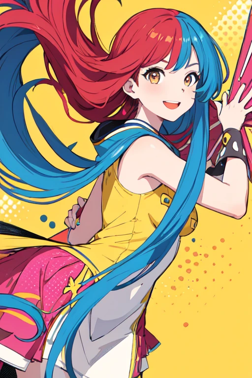 (superflat, flat shading, flat colors:1.1),(magazine cover, comc, manga), 1girl, loli, petite, print crop top, children's print panties, smile, bottom, from behind, print stockings, volumetric lighting, soft light, bright, colorful, watercolor