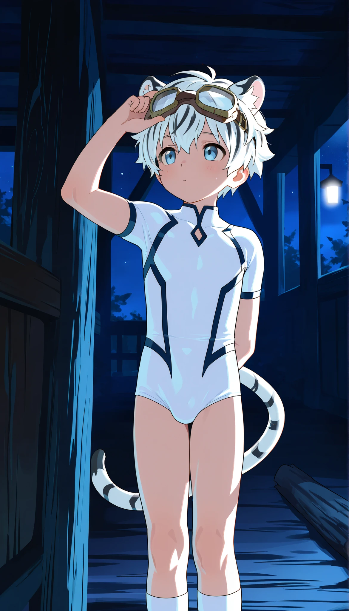 a boy,short hair,boy in a white one-piece wrestling suit,night,Standing,cute,goggles worn on the head, White Tiger Ears ,Masterpiece, BEST QUALITY ,male focus, Shota,Short sleeve,cowboy shot, white socks,Boy in a white one-piece wrestling suit in the log cabin hallway,happy