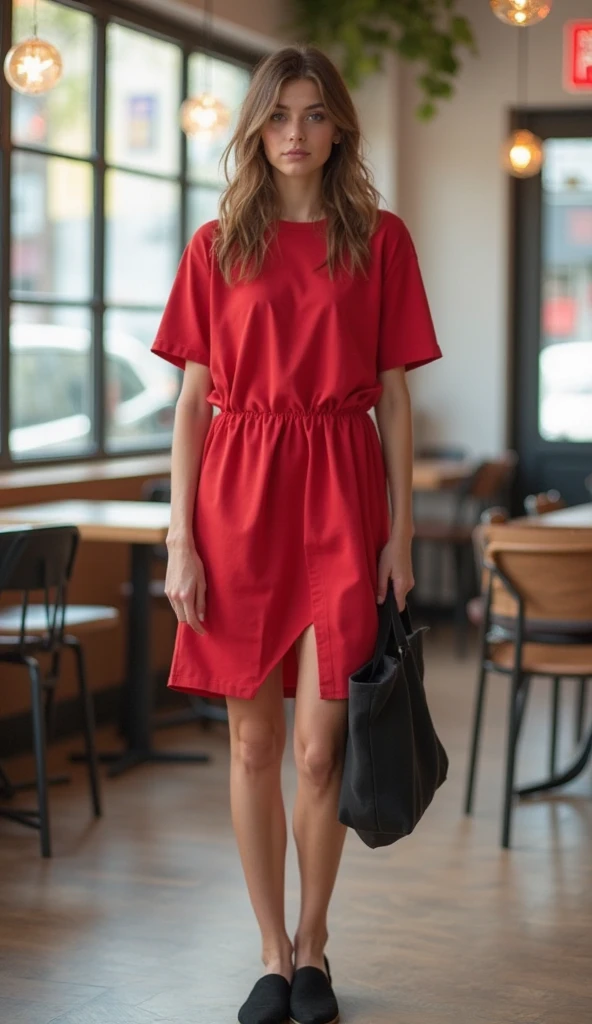 la foto con el vestido rojo, pero ahora sonriendo y con el pelo mas claro