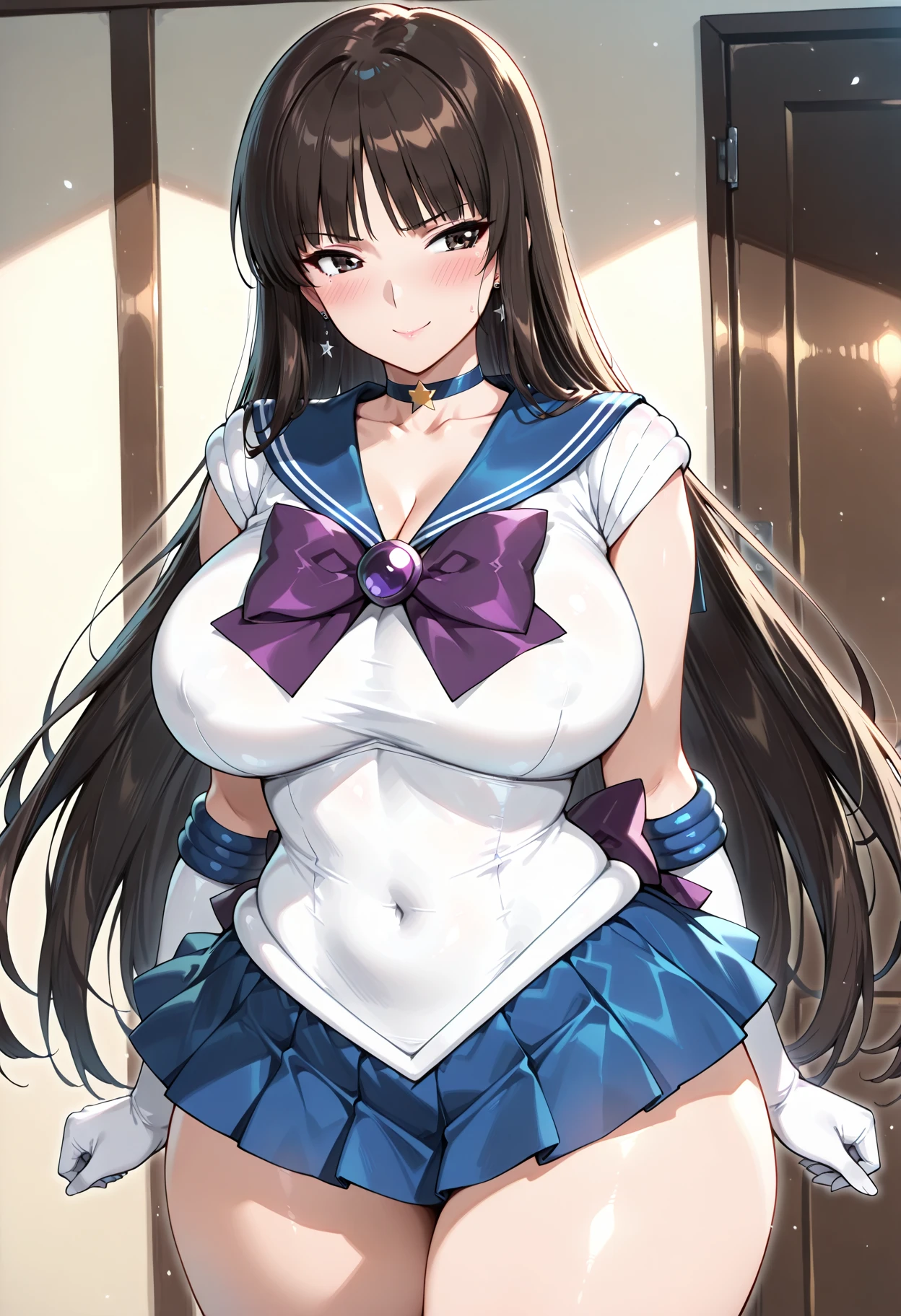masterpiece, high definition, best quality, rendered art, well formed hands, fingers and body, 1 woman, solo, Xiangling , adult, grown up, wearing Sailor Moon's outfit, big breasted, cleavage, full body, sexy sailor senshi uniform, short blue skirt, red boots, gorgeous hips, legs and thighs, blond, white elbow gloves, sailor collar, tiara, earrings, she is doing exercise, warming up, stretching her body, bouncing breasts, bikini thong, sexy and erotic training, working out, sweating, smiling joyfully and brightly, training montage session, beach environment