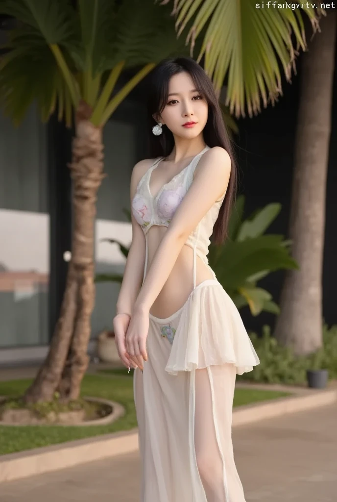 concept art, small chest, hips, look at viewer, turing back, showing butt, shy blush face, sexual expression, 1 Indian girl, wearing long small sexy dress, unconcerned, NSFW, quality, in the garden, loli, contrast, dark, little chubby