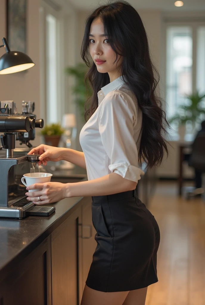 girl, Black Hair, elder sister, Pull up your ponytail,Laugh at someone who is talking, High-quality images, masterpiece, 美丽的girl, Coffee Shop,