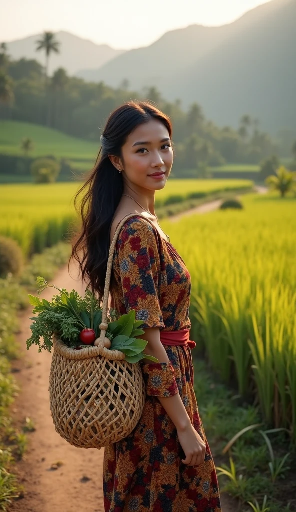 There is a woman holding a basket of fruit in a field - SeaArt AI