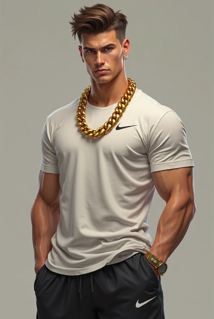 Create a torso of a person wearing a gold chain  