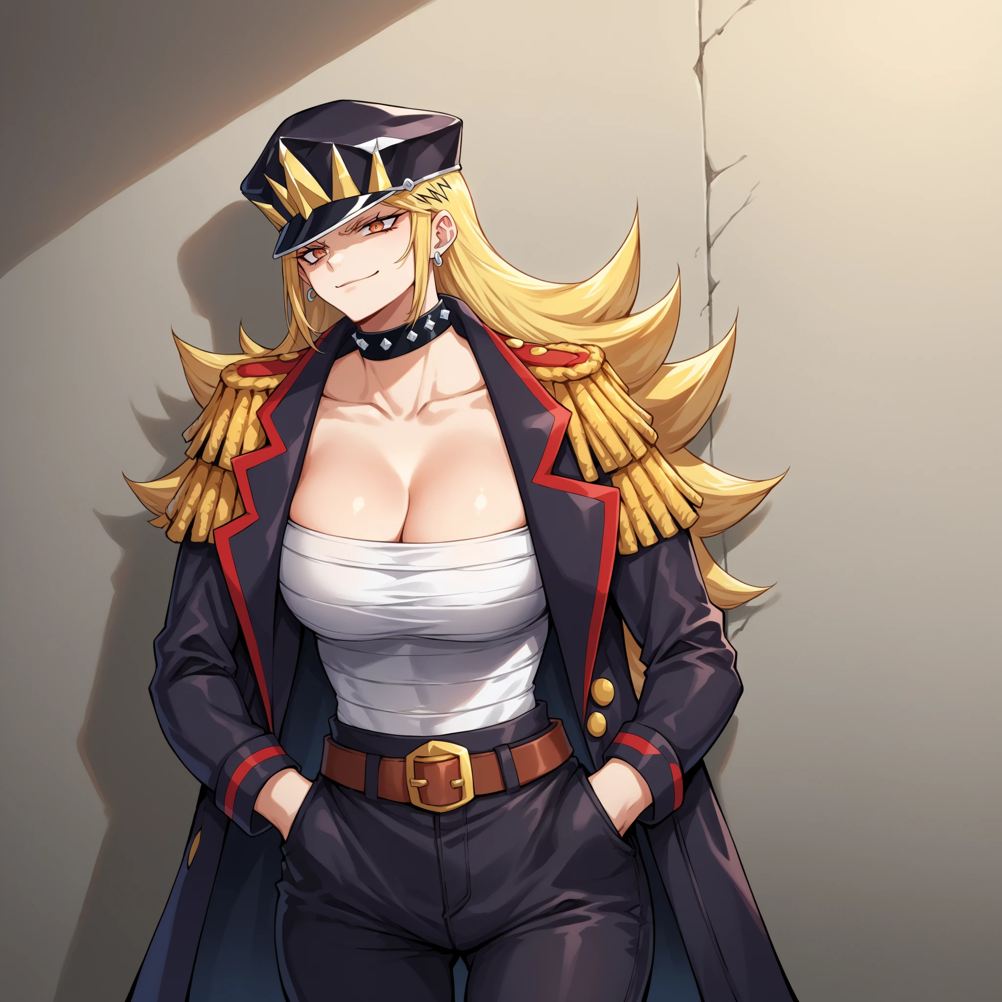 (masterpiece, best quality),domino,hat,peaked cap,uniform,gloves,sunglasses,sitting,naked, big breasts, blonde hair, prison, cell, indoors,