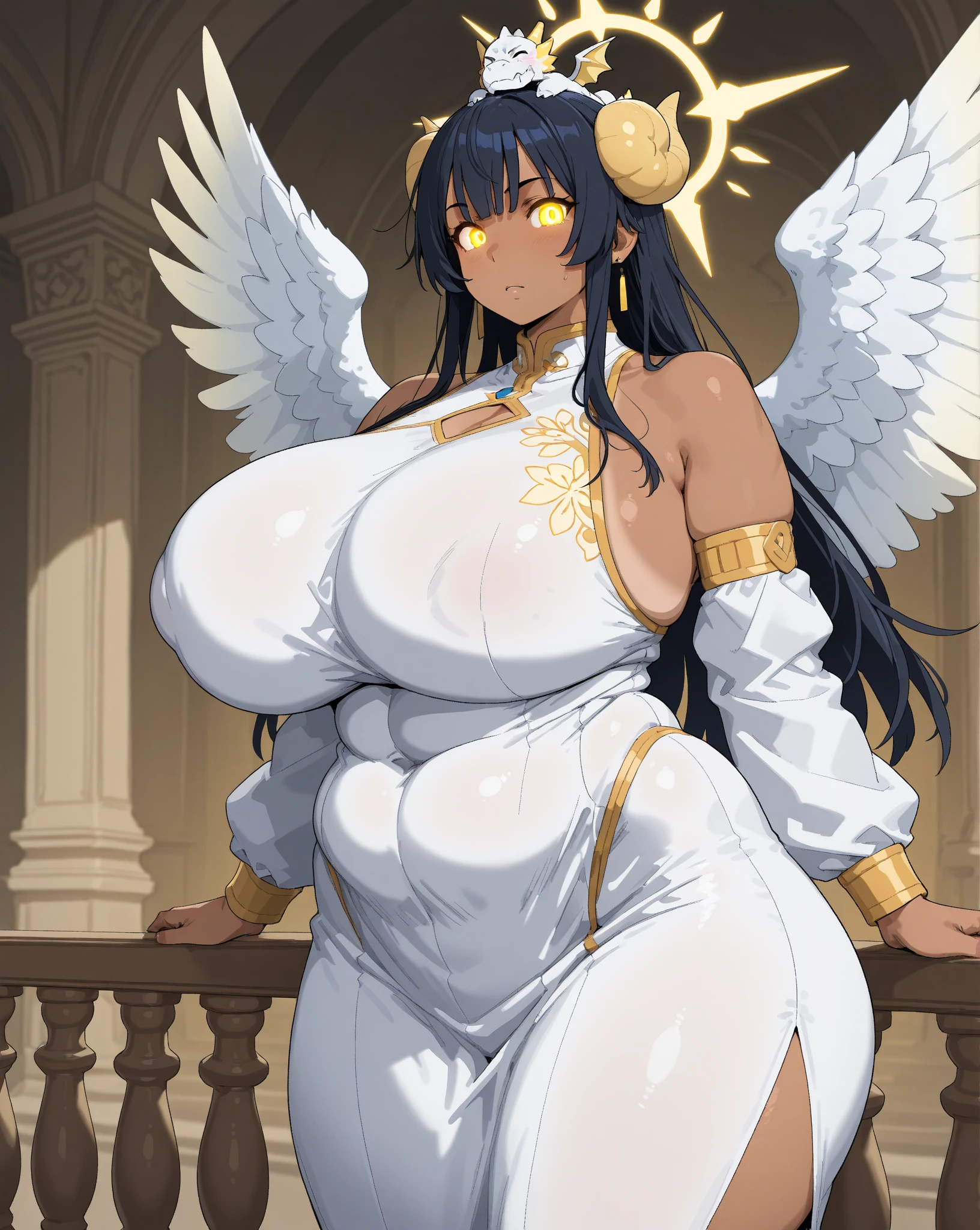 ,huge chest, curved, female,fantasyHere is a cartoon picture of a woman with a very large chest, , vest, pants, black hair, sacred aura, inspired by Red Luma, the non-binary deity of spring, ethereal rainbow nimbus, the butterfly goddess of fire, inspired by Marie Angel, will have shining around her, like the sun goddess, "uwu the prismatic person, big breast, happy, beautiful eyes, , full body, walking, long dress, long dre, nun, priestess, saint, body of venus, bent, huge chest, forest, walking, smile, sharp teeth, black coats, coat, dark skinned, twinbraids, brow hair, cat ears,,red eyes
