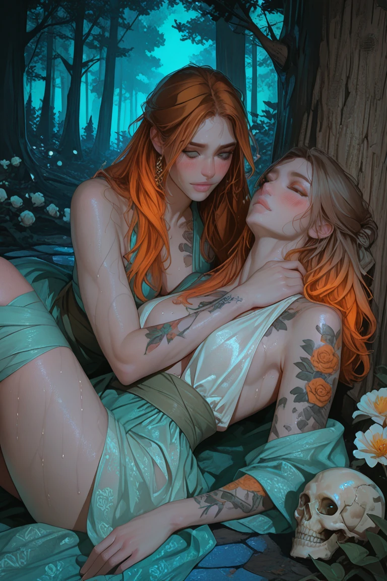 white forest in the background, colorful design, Aurora, mythical and fatal seduction, erotic pose, porous white hair, big eyes, blue eyes, body covered in tattoos, red lips, erotic, dark light, flirtatious pose, seduction, bright light. mystical, leaves covering his private parts. Well detailed body, well detailed face, detailed eyes, detailed hands, strict details. sensual pose. magical.