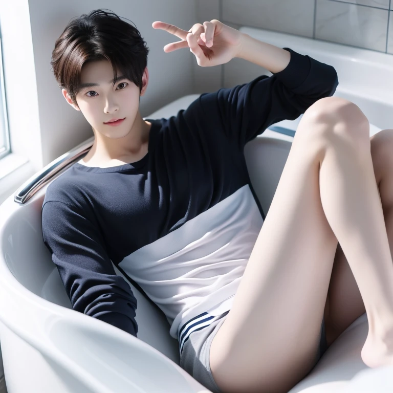 masterpiece, best quality, a boy, white socks,Shirtless,thin legs,long legs,close shot,Clear and exquisite facial features,In the bathtub