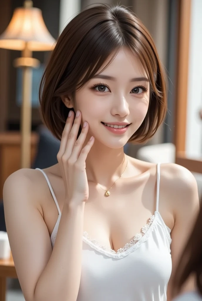 Beautiful young woman of the year、 Korean women、Light brown hair、Wavy Hair、short hair、ear piercing、Necklace around the neck、blouse、smile, Beautiful teeth alignment、Intricate details, Very detailed:1.2), 、 Looking into the camera,The background is the town