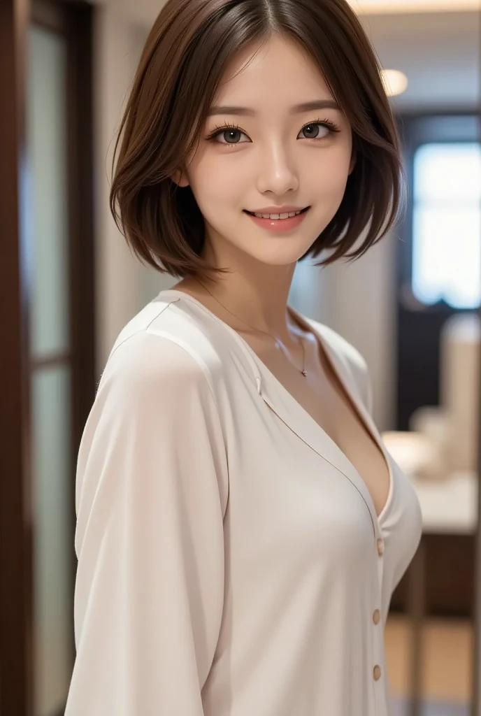 (masterpiece:1.3), (16k, photorealistic, RAW photo, best quality: 1.4),absurdres, attractive, ultra high resolution, ultra realistic, highly detailed, golden ratio, ultra detailed, super fucking beautiful detailed face, natural makeup, detailed cloth texture, detailed hair texture, beautiful detailed fullbody, Perfect female body, accurate, Anatomically correct, Highly detailed face and skin texture, (beautiful hands), (realistic skin), (beautiful pale skin:1.1), (beautiful  breasts), (Perfect dynamic composition, looking at viewer, full body shot), (Random and Seductive poses:1.3), 
BREAK, 
realistic eyes, beautiful detailed eyes, symmetric eyes, Light Brown eyes, Double eyelids, Thin eyebrows, (Glossy lips:1.4), (Seductive expression:1.3), (beautiful smile:1.1), (blush:1.2), 
BREAK, 
((short hair, bob, Dark blonde hair, bangs:1.2)), (hospital room, nurse, nurse uniform:1.3)