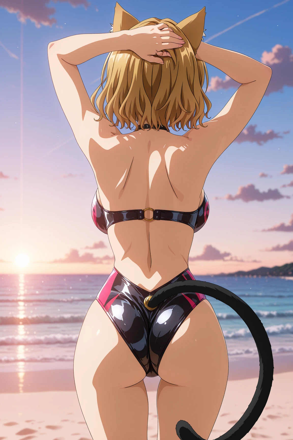 (masterpiece, 4K, Highest quality, anime style: 1.9, Detailed face, Lovely, Ocean,bold, High resolution, anime, alone, Curvaceous, Thighs, Cleavage, Center of chest, smile, Very slim belly, Cowboy Shot,Leopard print bikini,1 Girl, Place your hands behind your head.,JUJUTSU KAİSEN,Yuki Kujuku,((blonde)),Long Hair,Accurate Eyes,Back view,Show your ass,Thong,Naked in a swimsuit