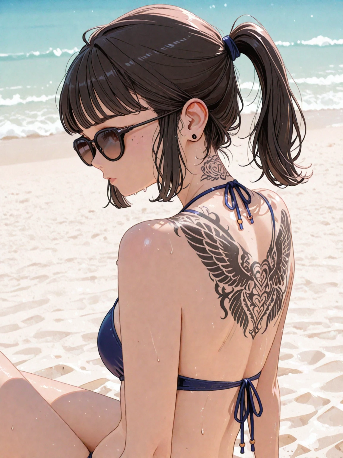 girl with headphones and a tattoo on her arm, extremely detailed, in a pink bikini, beach wear, detailed. high detail. realistic.