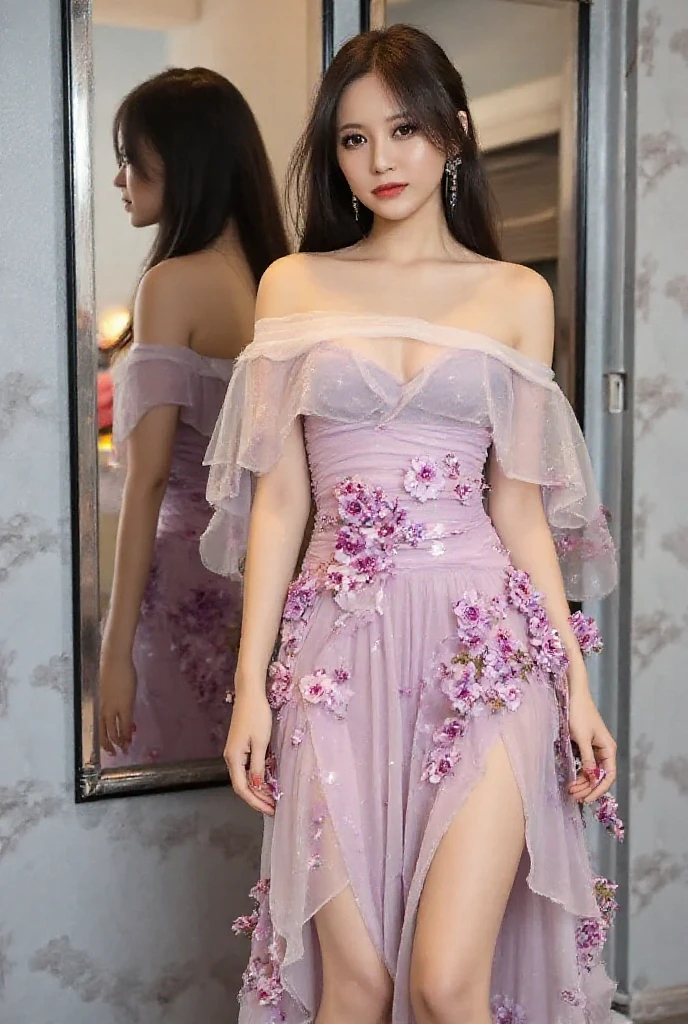 (realistic:1.3), finely detailed, quality, rembrandt lighting, (masterpiece:1.2), (photorealistic:1.2), (best quality), (detailed skin:1.3), (intricate details), dramatic, ray tracing, 1girl, japanese girl, 21 years old, detailed skin texture, (blush:0.5), (goosebumps:0.5), subsurface scattering, smiling, medium breasts, short hair curls, bangs, hair between eyes, (pink flower dress:1.1), puffy sleeves, long sleeves, see-through, full body, (bright sunny day, outdoors, garden, flowers, bushes, nature, sky), <lora:flower_dress-1.0:0.8>