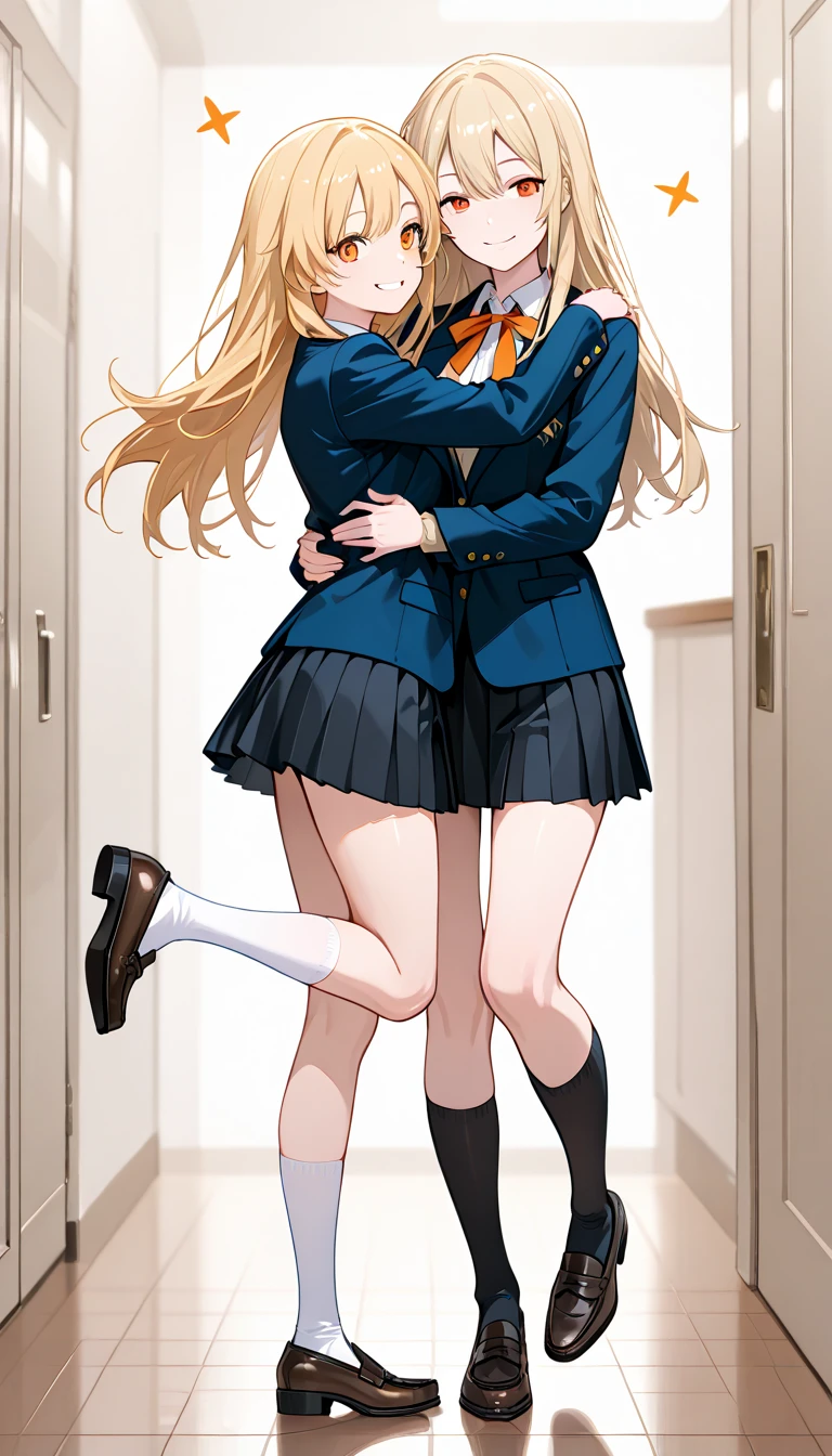 1girl, Standing upright in a classroom, (schoolgirl uniform), long blond hair,short pleated skirt,smile, ((wide shot)), (looking at viewer), 16 years old, ((from front shot)),classroom windows,large blackboard