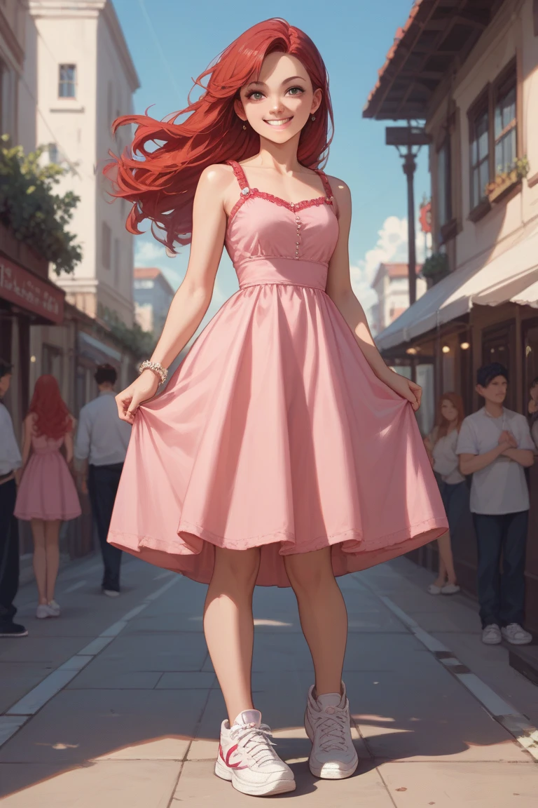 beautiful fit anime woman, very long auburn hair, off the shoulder blouse, high waisted multi layered skirt, tulle petticoat under skirt, standing in the street, high heels, small breasts