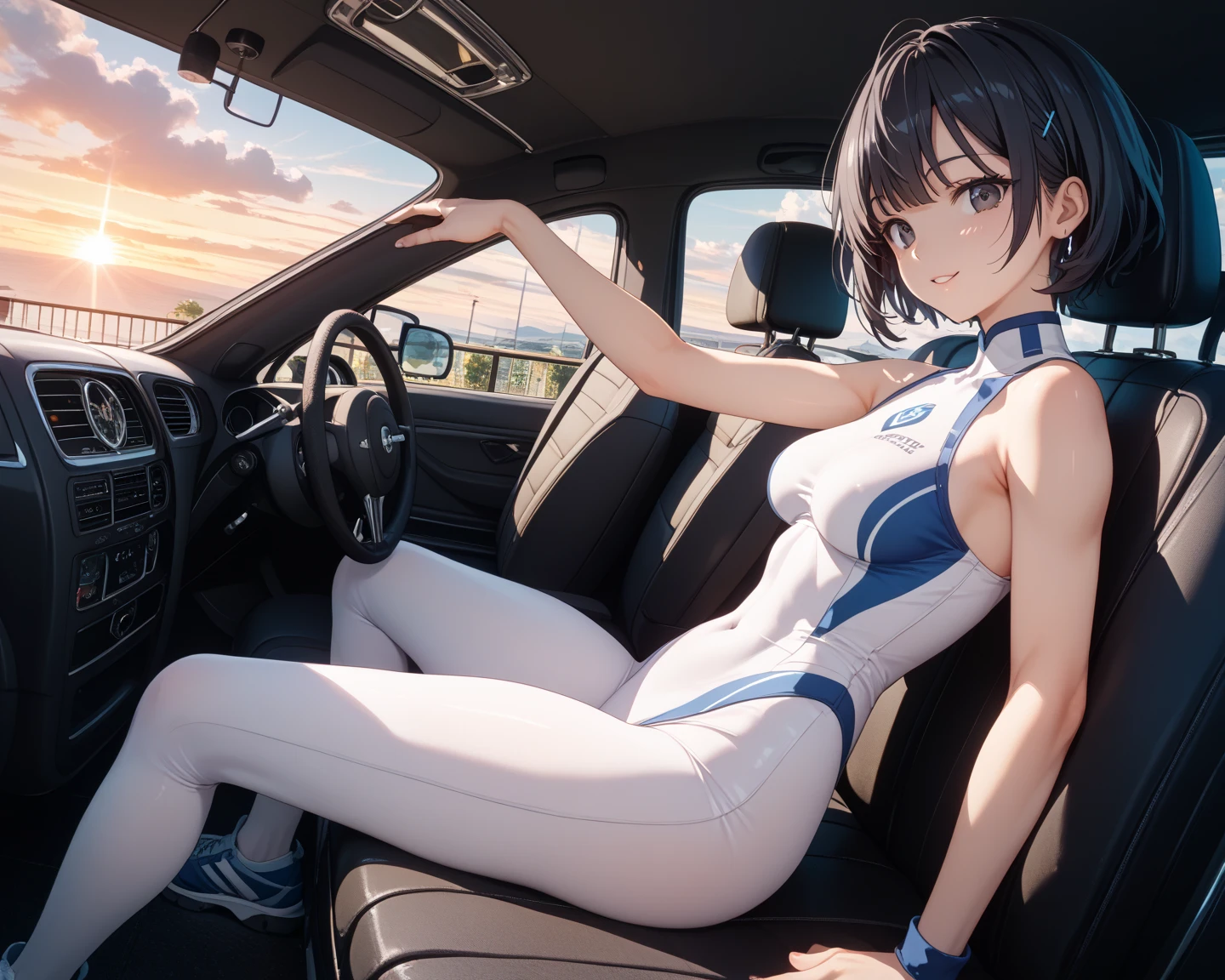 High quality、highest quality、complete limbs、Ultra high definition、Shining eyes、full finger、slender beauty、very short hair、embarrassed look、Writhing expression、sleeping in bed、Wearing a school swimsuit、shiny skin、knee high、inside the car、dramatic writing