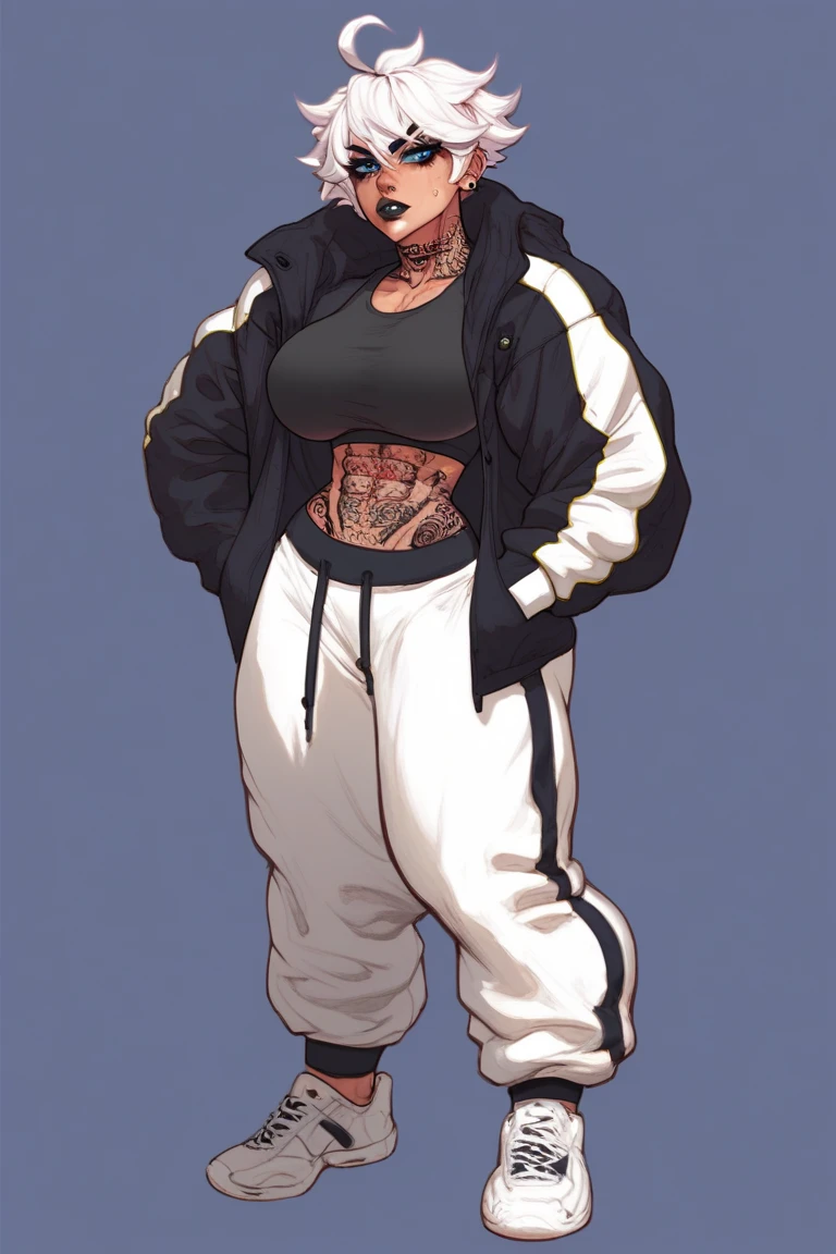woman, short, fat, round glasses, angry, detailed short black taper cut haircut, wearing a black flannel jacket, white tube top, belly exposed, pot belly, small tits, no curves, black long pants, white background, no background