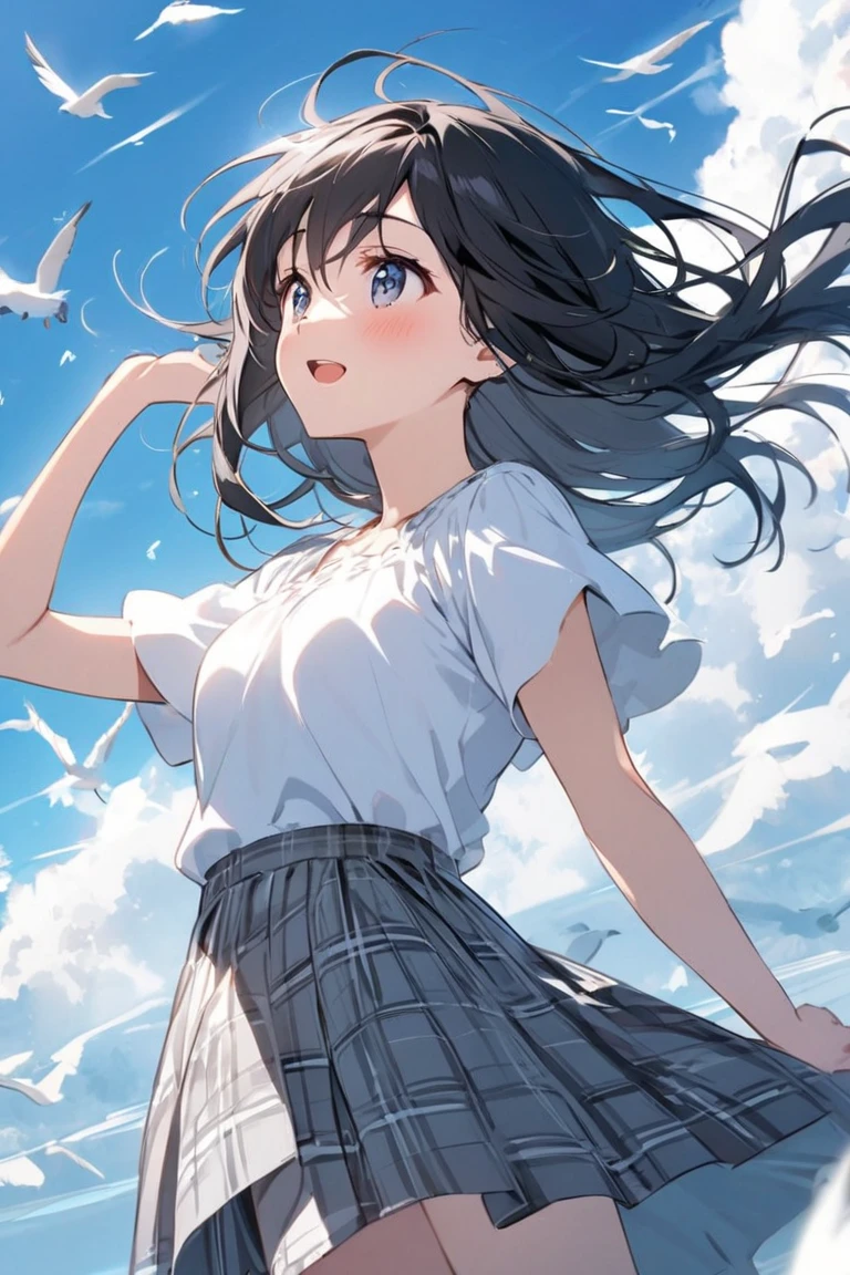 Black short bob、Cute Smile、Button-down blouse、The blue bra is see-through.、Light blue mini skirt、flare skirt、Skirt fluttering in the wind、White underwear in cotton fabric、barefoot、Sandy beach, sea and cumulonimbus clouds