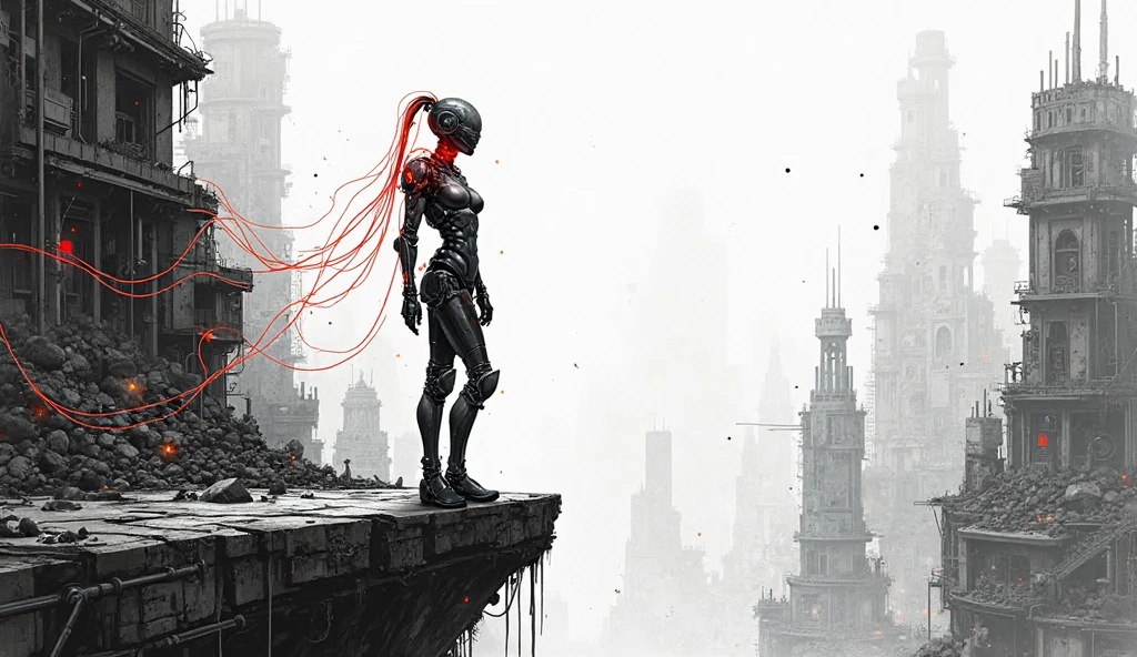 Surrealism Mecha skin Girl Ruins Doomsday scene Red light Black texture old armor attached