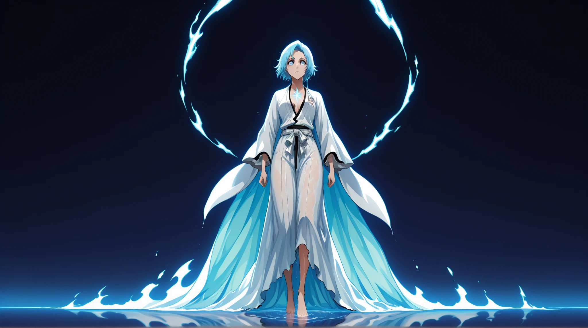 A surreal and elegant female spirit figure, inspired by Bleach Zanpakutō manifestations. She stands in a calm, mystical space, surrounded by floating fragments of cracked mirrors. Her eyes are entirely blue, glowing softly, with an intense, unreadable gaze that feels as if she sees everything but says nothing.
Her hair is long, dark, and appears perpetually wet, flowing as if underwater. She wears ceremonial robes made of moving water, which flow and shift around her body like living liquid, never still. Her skin reflects light like glass or polished crystal, giving her an ethereal, mirrored appearance.
She stands barefoot on a surface of still water or suspended air, with an aura of serenity and distance. Around her, reflections ripple subtly — sometimes showing glimpses of the viewer’s past or alternate selves.
Her expression is calm, distant, almost divine — as if she only speaks when absolutely necessary.
Style: high-detail anime concept art, Bleach Zanpakutō spirit design, mystical and reflective aesthetic, spiritual and symbolic atmosphere, soft lighting, muted blues and silvers.