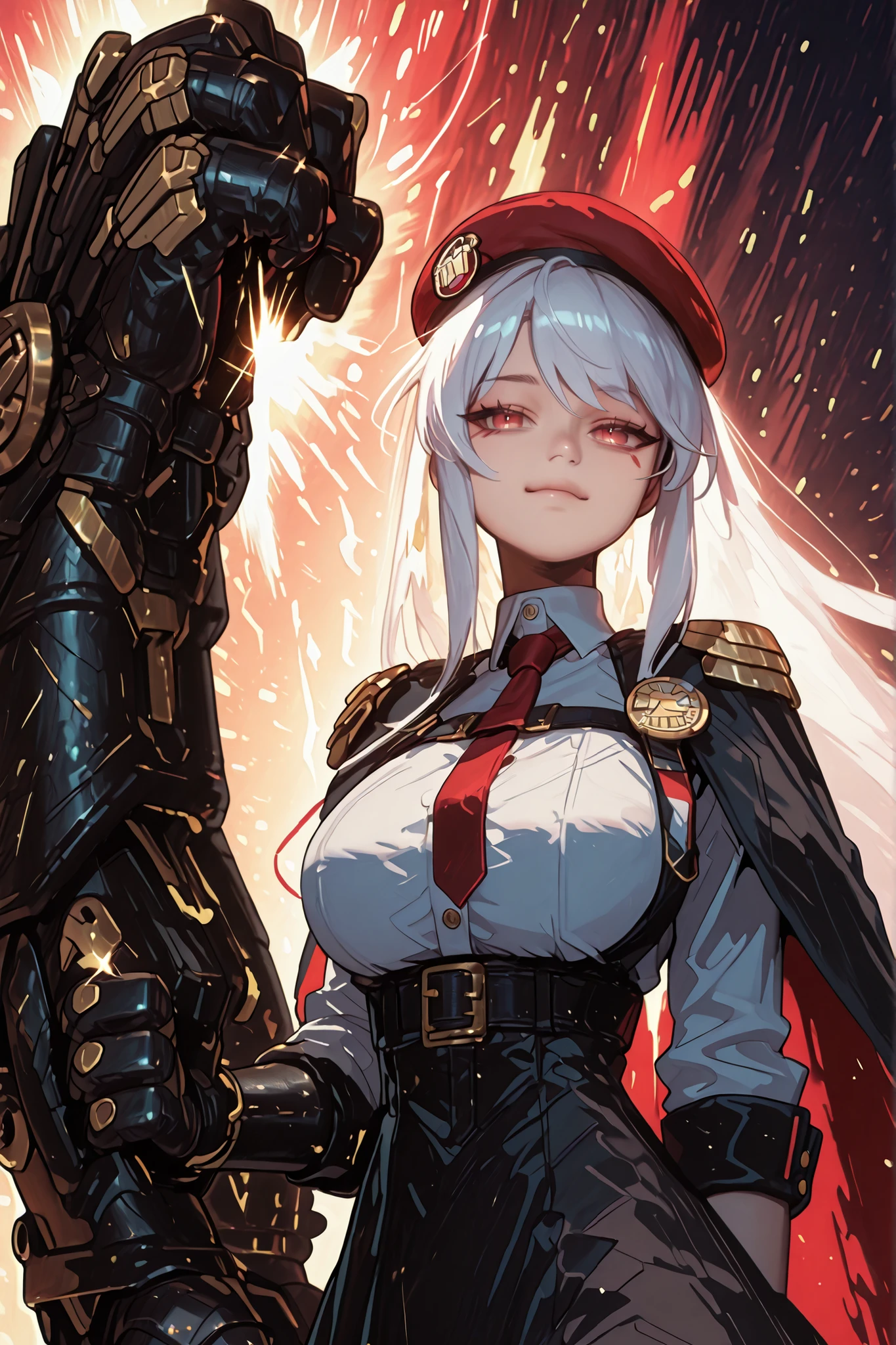 A young female character in her body s, with the same height and body type as Enterprise from Azur Lane. She has long white hair with a red ribbon on one side of her head, like Enterprise from Azur Lane, and the exact facial features of Enterprise from the same series, red eyes, but with a provocative, confident smile. She wears a black military uniform with a black skirt, This uniform is very detailed, with gold medals and symbols, a red tie, and a red military badge on top of her head tilted slightly to the side. Her right arm is wrapped in a gigantic gauntlet, making it appear as if she has a giant arm much larger than her body, This gauntlet has a futuristic cyberpunk-style design and predominantly black colors with gold accents. Her pose is bold and confrontational, facing directly at the viewer with her head slightly tilted, shoulders back, and an expression full of confidence, red eyes, giant gauntlet on her right hand, large breasts and butt, red beret "cap", scarlet red eyes. The overall style should be detailed and colorful, matching the rendering quality, but with a punk feel and a more youthful feminine appearance, red beret "cape" on top of the head tilted slightly to the side, huge black glove much larger than the character's body, similar to Vi's from League of Legends, but much larger (the gauntlet should be larger than the character's entire body).