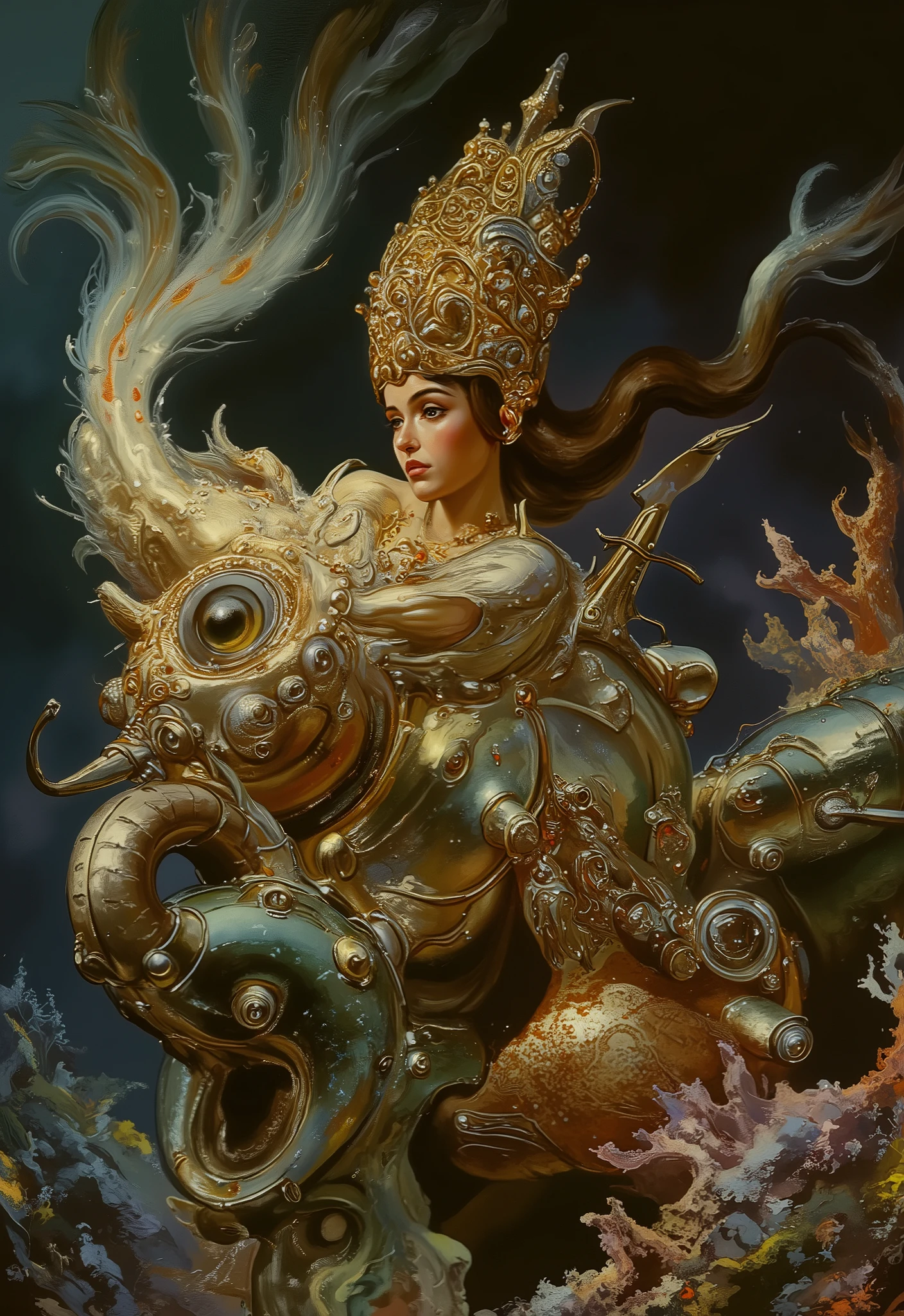 8k high quality digital painting , masterpiece, very detailed, ultra realistic, (best quality) very detailed epic masterpiece, boris vallejo style, a beautiful underwater queen rides a huge stunning goldfish, golden bridle, the fish has a veil-like big tail, iridescent scales, sparkling eyes, underwater scene, colorful corals, smaller fish in the background, realistic, retro oil painting style, dramatic lighting, low saturation