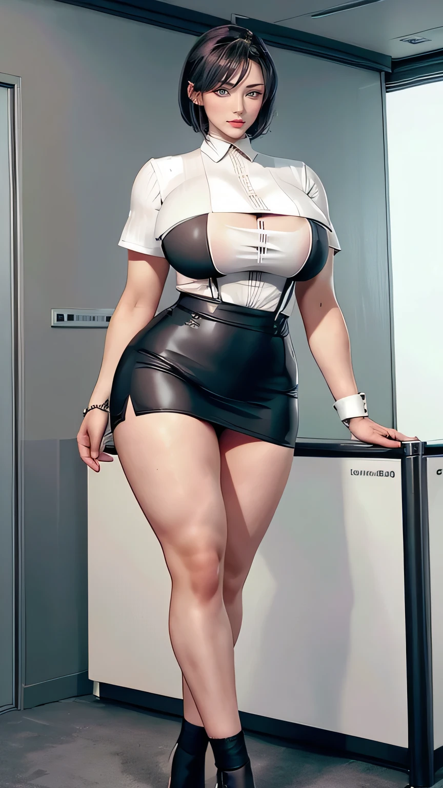 Cabelo ruivo claro, olhos castanhos claros, large breasts and buttocks, Black shorts and baby pink blouse, 1.70 de altura, branca