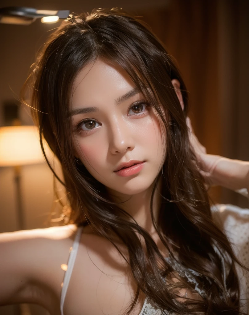 highres, ultra detailed, photorealistic, 1 beautiful japanese girl, highly detailed beautiful face, semi closed eyes, on all fours, sexy pose, bewitching pose, medium hair, shy, crop top, short shorts, stylish hotel room