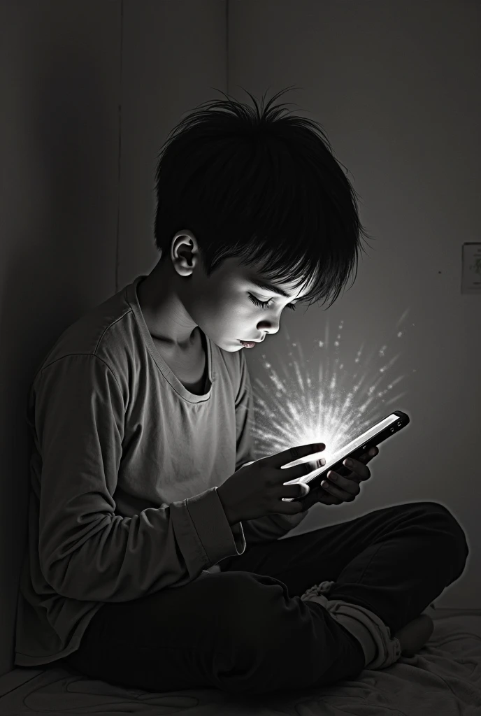 A small child with Instagram filter and cell phone in hand who is sad