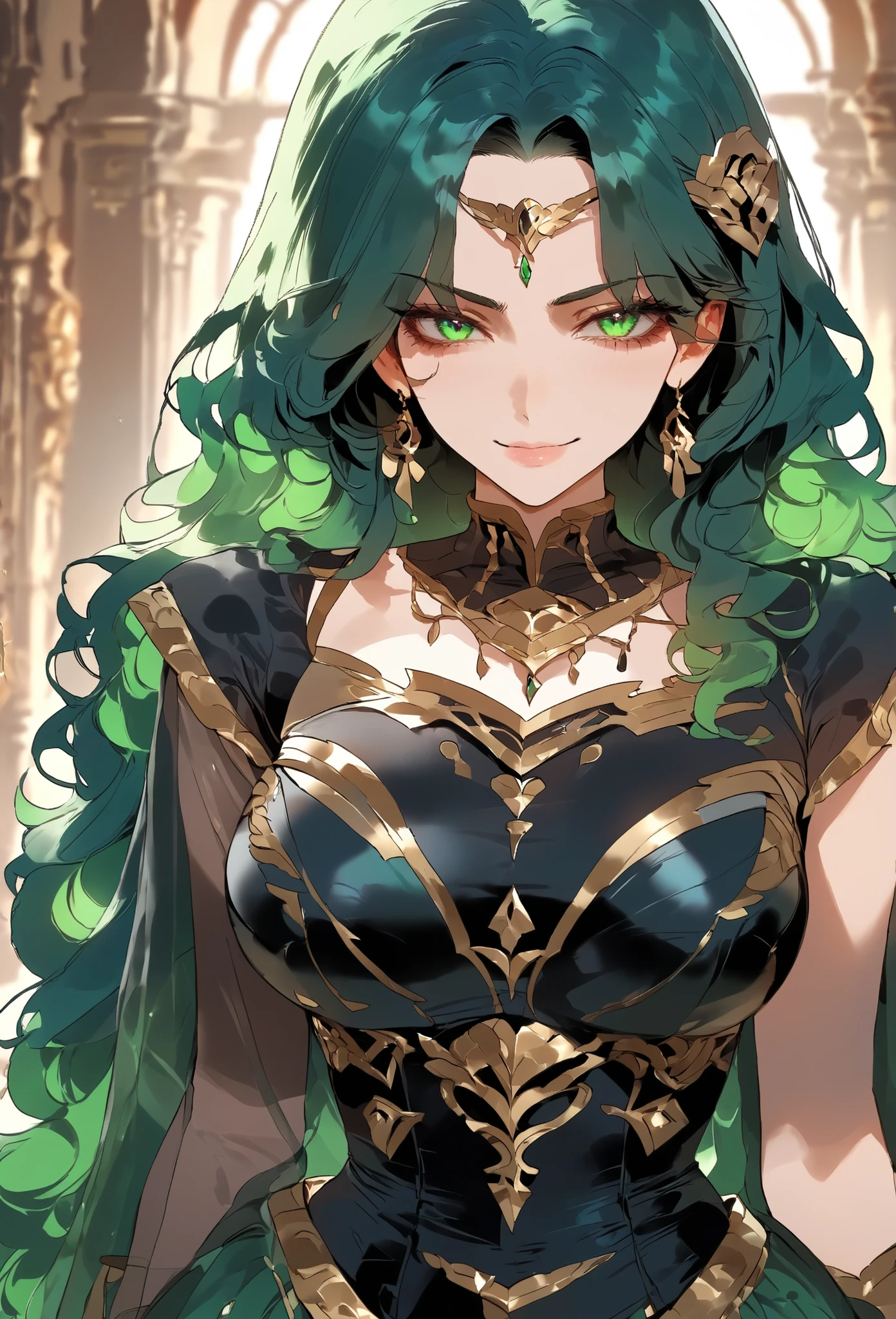 score_9, score_8_up, (masterpiece, top quality, best quality, official art, beautiful and aesthetic:1.2), (8k, best quality, masterpiece:1.2), (((masterpiece))), (((best quality))), (((extremely detailed))), illustration, (masterpiece, top quality, best quality, official art, beautiful and aesthetic:1.2), (8k, best quality, masterpiece:1.2), see-through, source_anime, 1girl, adult, ((green hair)), green hair, ((intimidant look)), ((close-up)), green eyes, black clothes, sexy, dark colors, brillant eyes, ((wavy hair)), perfect hands, ((intimidant look)), good anatomy, ((dark babylon clothes)), emotionless, intimidant, ((beautiful eyes)), close up, ((detailed eyes)), beautiful eyes, ((detailed face)), frontal look, arrogant smile, detailed face, diadema, full body