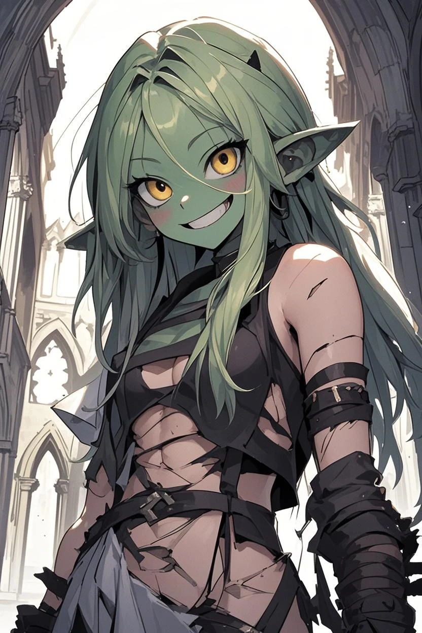A female orc with green skin, small chest, a fierce expression, and a naughty smile. Her face is both alluring and full of mischief, with cute fangs protruding from her mouth. The detailed green skin gives her a wild and exotic appearance. Her eyes are mesmerizing, with intricate details and a hint of danger. The high-resolution artwork captures every nuance of her facial features, from the texture of her skin to the fine lines around her eyes. The masterpiece quality of the image ensures that even the smallest details are rendered with precision and clarity. The lighting accentuates her complexion, highlighting the vibrant green color of her skin. The overall color tone is rich and immersive, enhancing the fantasy atmosphere of the artwork. With this prompt, the generated image will be a stunning portrayal of a seductive yet fierce female orc, capturing her unique charm and allure.