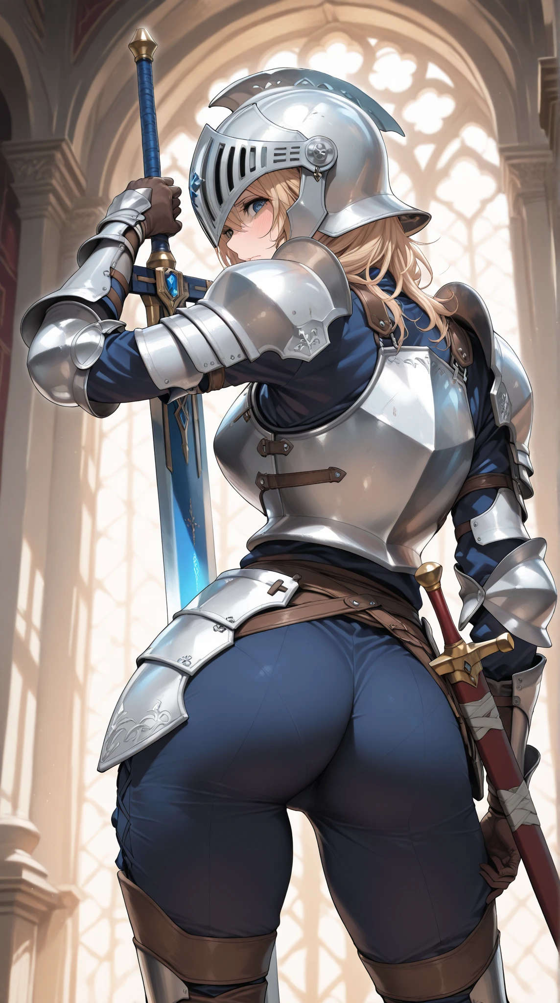 Masterpiece, high quality, high detail quality, female knight soldier with huge breast, long hair, gorgeous face, huge butt