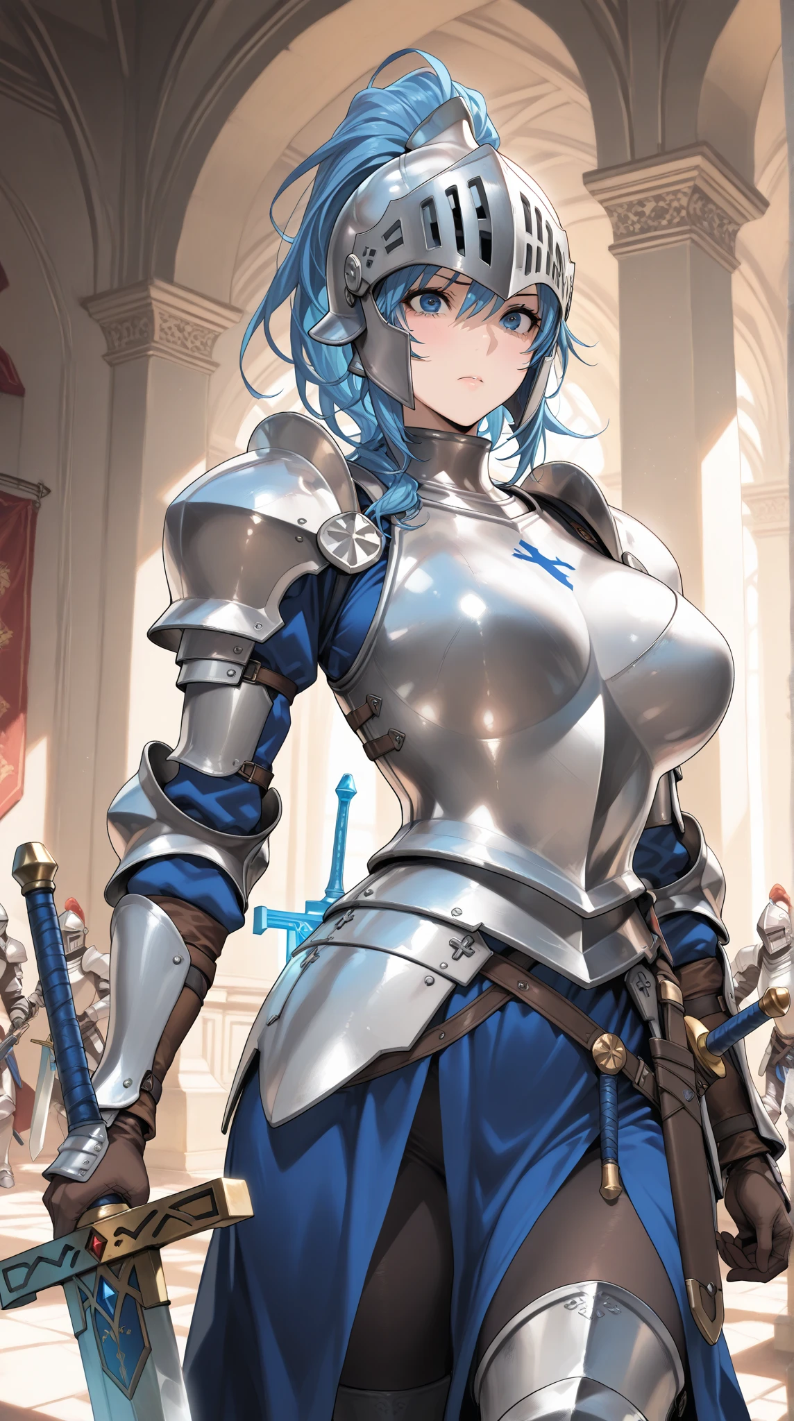 masterpiece, ultra-detailed, best quality, extremely detailed, 8k, high res, realistic, 1girl, 18yo, beautiful girl,BREAK,(blush:1.5),(torn Armor:1.8),(Showing her areola through the gaps in her armor:1.9),(areola:1.8),(sweaty:1.3),navel exposed,BREAK,(voluptuous bust:1.5),(Gaunt , thin waist:1.4),BREAK,(Chained to the pillory,She is tied to the pillorys,She is restrained by the neck and wrists in the pillory:1.6),BREAK,ultra detailed,realistic, photo-realistic, beautiful natural lighting, beautiful deatailed shadow, beautiful intricate composition,