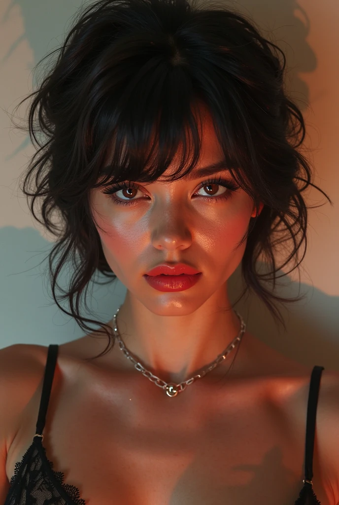iranian woman, young, naked, very curly mullet, septum piercing, dimples, thick belt around neck, naughty expression, woman laying on floor,, transparent shiny latex bodysuit, close-up, UHD, retina, masterpiece, accurate, anatomically correct, textured skin, super detail, high details, high quality, award winning, best quality, highres
