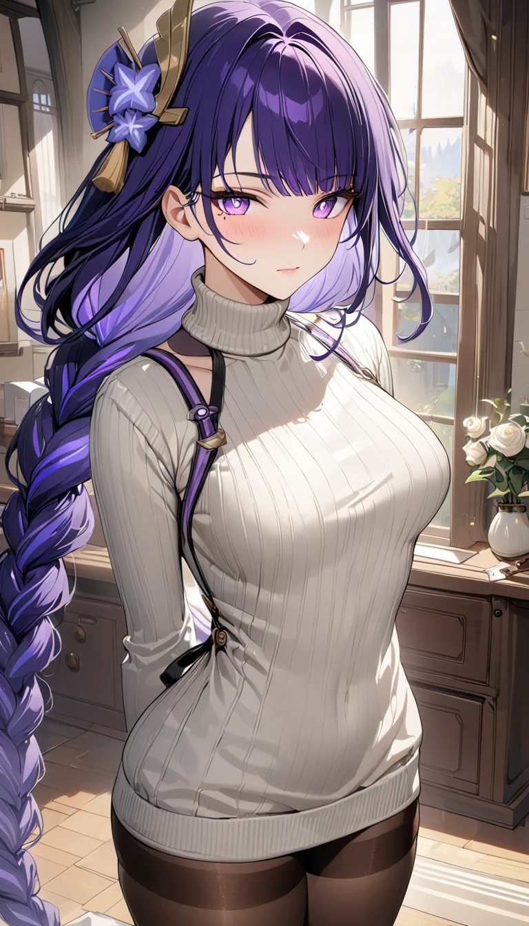 masterpiece, (best quality), 1woman,1girl ,akiko_minase, long hair, purple hair, blue eyes, braid, single braid, hair intakes, hair over shoulder, (mature female), skirt, sweater, cardigan, housewife, large breasts,,sexy woman, adult, blush vibrant colors ,,natural lighting ,RTX, hair between eyes , beautiful, (detailed face:1.2), showcase, (perfect eyes:1.1) ,(photorealistic:1.1), 8k uhd, looking at viewer, indoors, simple backround