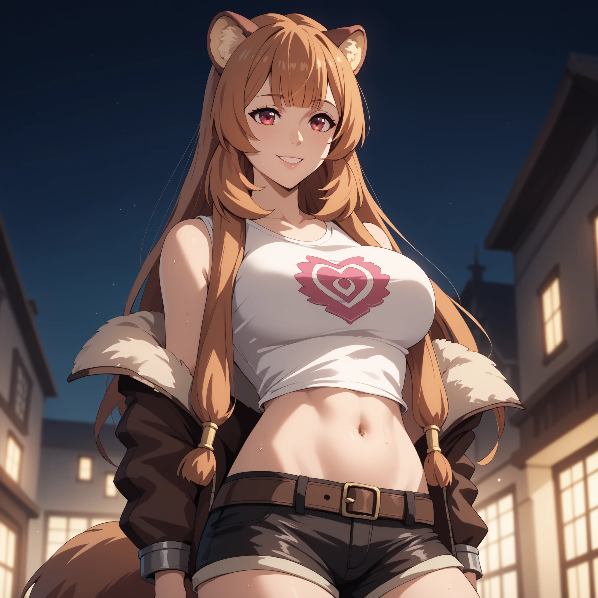 Raphtalia atractiva mujer. orejas de oso, cabello naranja, red eyes like rubies, pechos grandes, sudadera sin mangas escote, pantalones vaqueros cortos muslos visibles, collar. fondo urbano noche estrellada., sonrisa feliz pose sexy