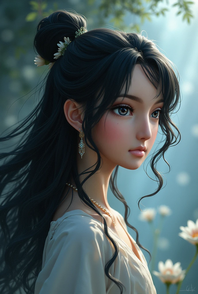 (Best quality,4K,A high resolution,Ultra-detailed,Realistic:1.37),Vivid colors,Sunlight,llight rays,bergamot,white blossoms,Beautiful girl,Exquisite features,Flowing hair,Serene expression,Garden setting,Elaborate dress,Soft sunlight,Gentle breeze,Cheerful ambiance,Backlit scene,a hint of smile,ethereal glowing,Fresh in the morning,Long shadows,harmony of nature,subtle reflections,Natural beauty,Twinkling dewdrops,Clear detail,serenity and calm,Sublime ingredients,Arrive at the branch,whispering leaves,Aromatherapy petals,with light glowing,Sparkling highlights,Subtle shadows,Soft focus,Sublime beauty,Whisper natural,Fantastical Atmosphere,Illuminated background.