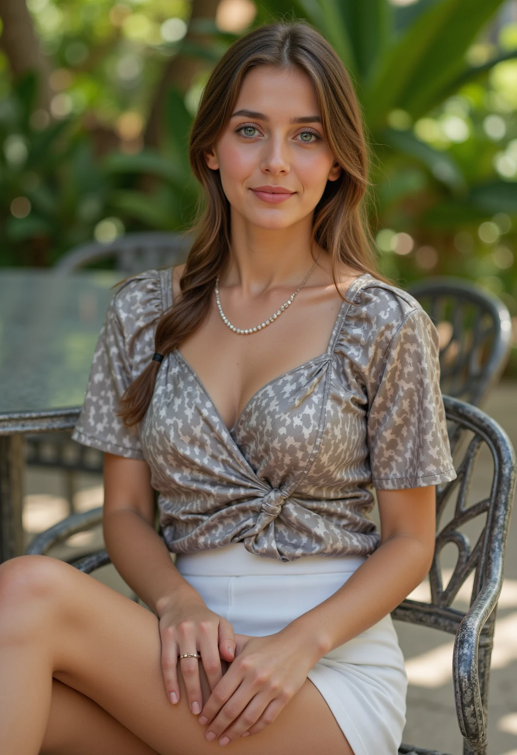 ((highest quality, 8K, masterpiece:1.3)), concentrated:1.2, Perfect body beauty:1.4, Hips:1.2, ((Delicate Hair)), (A fashionable summer T-shirt with a colorful irregular neckline, back tie and slim fit.、 :1.1) , ((highest quality、8K、masterpiece:1.3))、1 Girl、A sloppy smile、Esbian all over、Slim face、Big 、Beautiful woman、(Dark Brown Hair)、、1.1、Flickering Valley、Detailed eyes、double eyelid、Blurred Background、超Slim face、Looking down、garden、