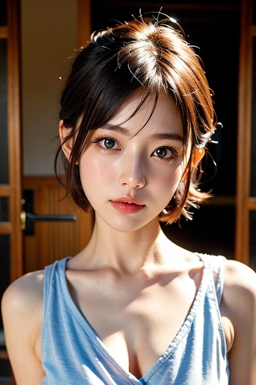 (masterpiece:1.4), (8K, realistic, RAW photo, highest quality: 1.4), Japanese, (1 girl), beautiful face, (realistic face:1.4), (very detailed髪:1.3), beautiful hairstyle, realistic eyes, beautiful and fine eyes, (realistic skin:1.3), beautiful skin, Charm, ultra high resolution, surreal, very detailed, golden ratio, (detailed face:1.4), (Realistic medium breasts:1.4), (gray tank top:1.5),(bedroom1.3),soaking wet skin ,perky_nipple,(erect nipples:1.3),(No bra:1.4)(long nipple)